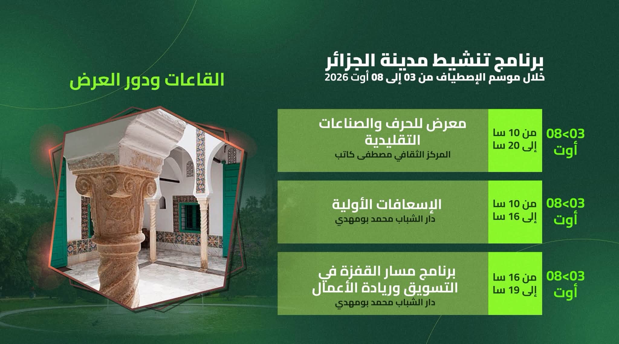 برنامج تنشيط مدينة الجزائر خلال موسم الإصطياف من 03 إلى 08 أوت 2026